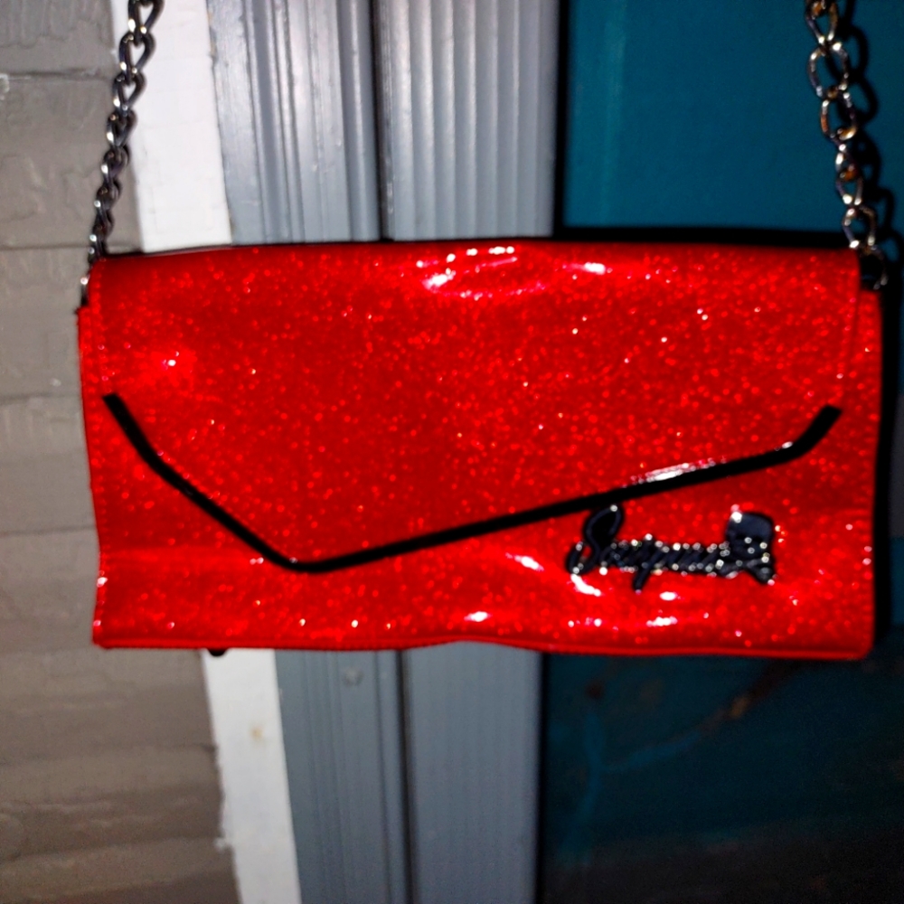 Sourpuss Red Glitter Retro Chevron Bag